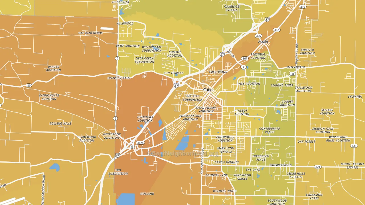 Map of the best neighborhoods in the Cabot area, with better matches in green and worse matches in red