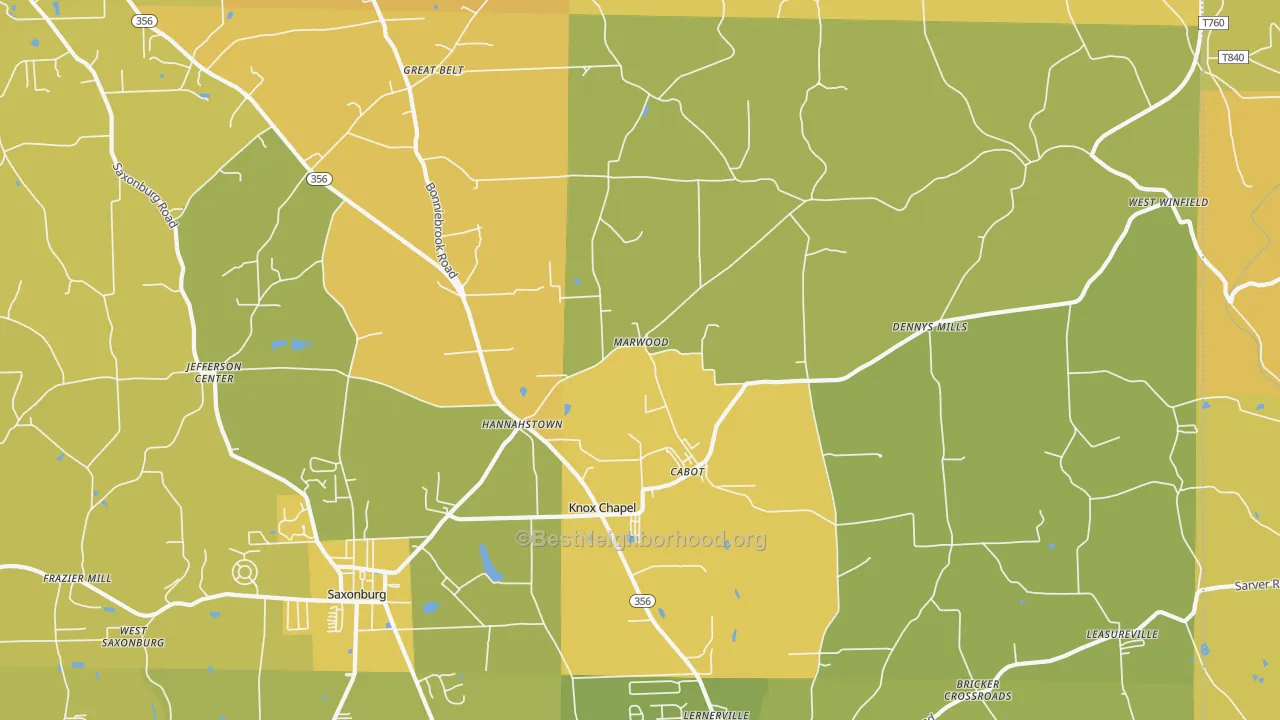Map of the best neighborhoods in the Cabot area, with better matches in green and worse matches in red