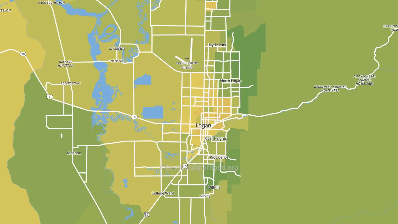 Map of the best neighborhoods in the Cache County area, with better matches in green and worse matches in red