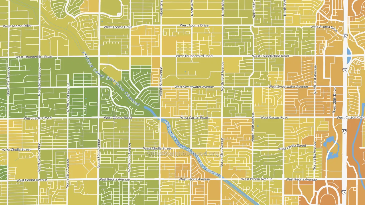 Map of the best neighborhoods in the Cactus Gale, Glendale area, with better matches in green and worse matches in red