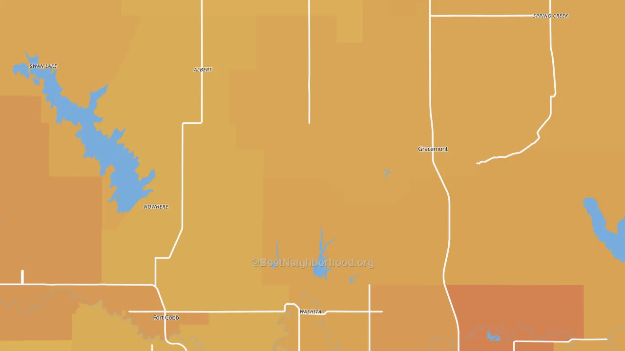 Map of the best neighborhoods in the Caddo County area, with better matches in green and worse matches in red
