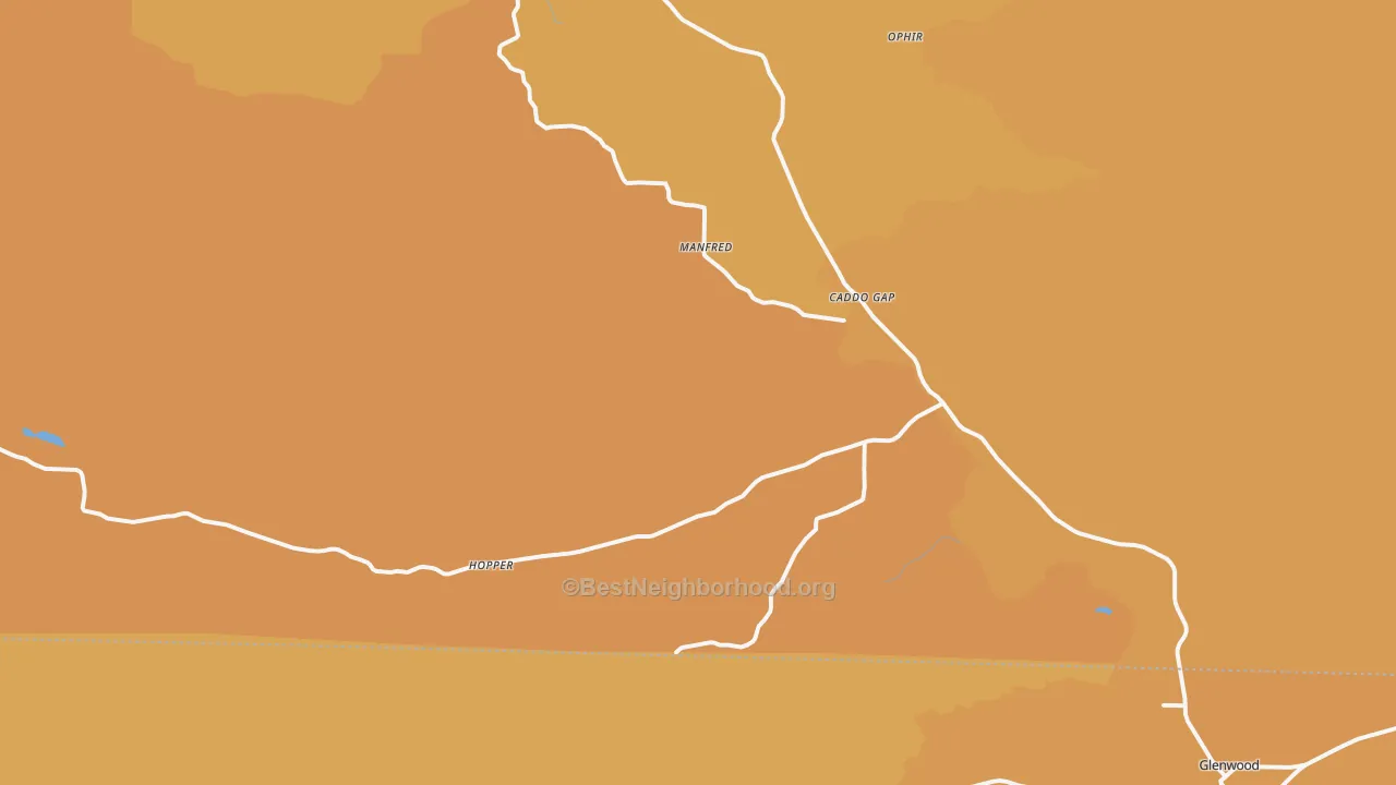 Map of the best neighborhoods in the Caddo Gap area, with better matches in green and worse matches in red