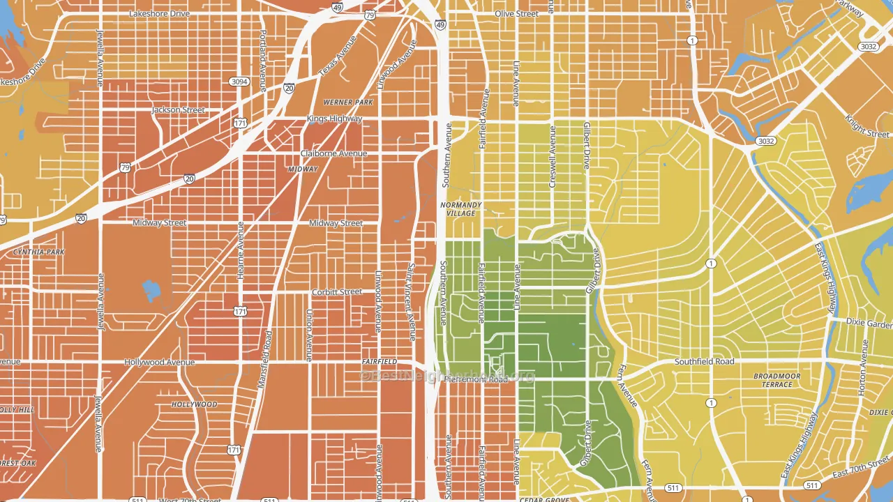 Map of the best neighborhoods in the Caddo Heights-South Highlands, Shreveport area, with better matches in green and worse matches in red