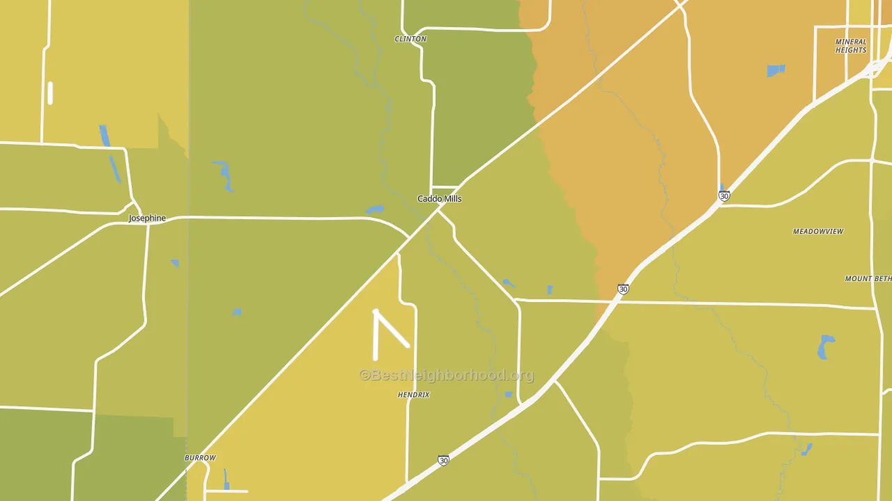 Map of the best neighborhoods in the Caddo Mills area, with better matches in green and worse matches in red