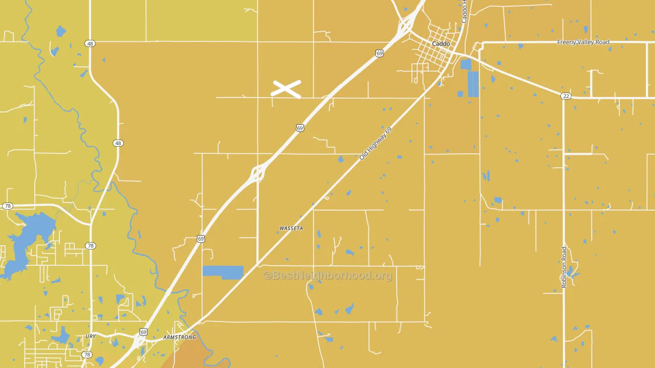 Map of the best neighborhoods in the Caddo area, with better matches in green and worse matches in red