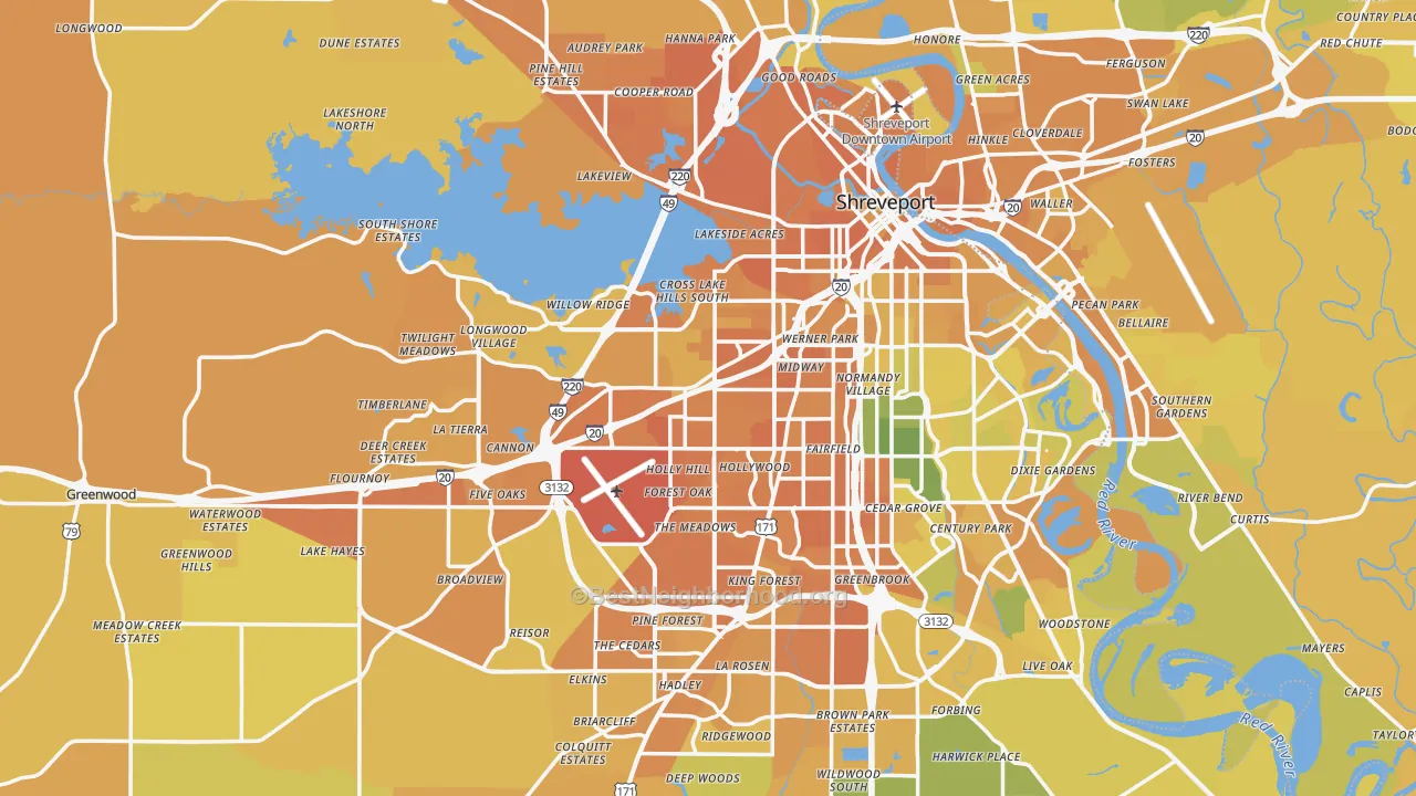 Map of the best neighborhoods in the Caddo Parish area, with better matches in green and worse matches in red