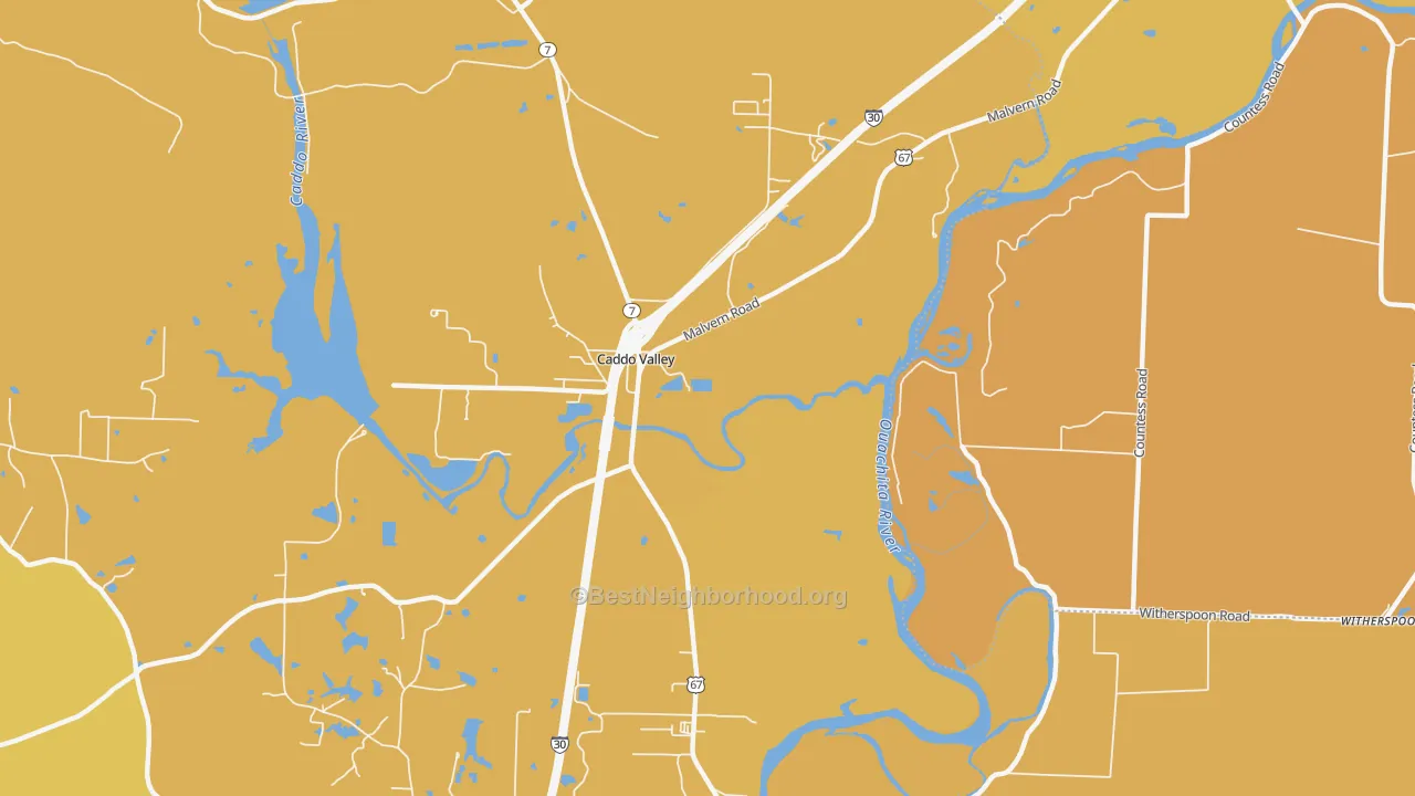 Map of the best neighborhoods in the Caddo Valley area, with better matches in green and worse matches in red