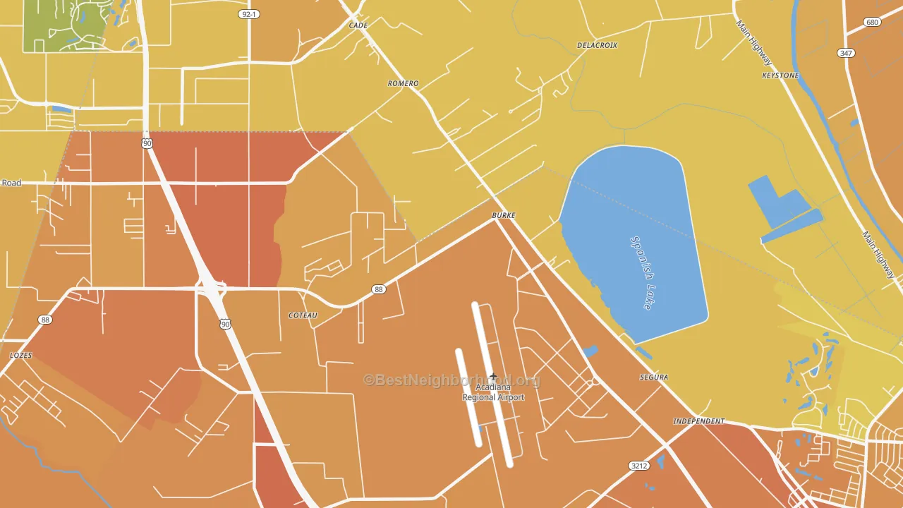 Map of the best neighborhoods in the Cade area, with better matches in green and worse matches in red