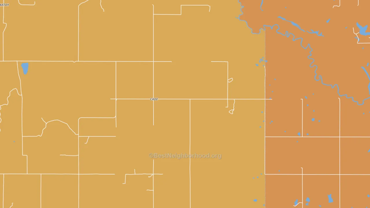 Map of the best neighborhoods in the Cade area, with better matches in green and worse matches in red