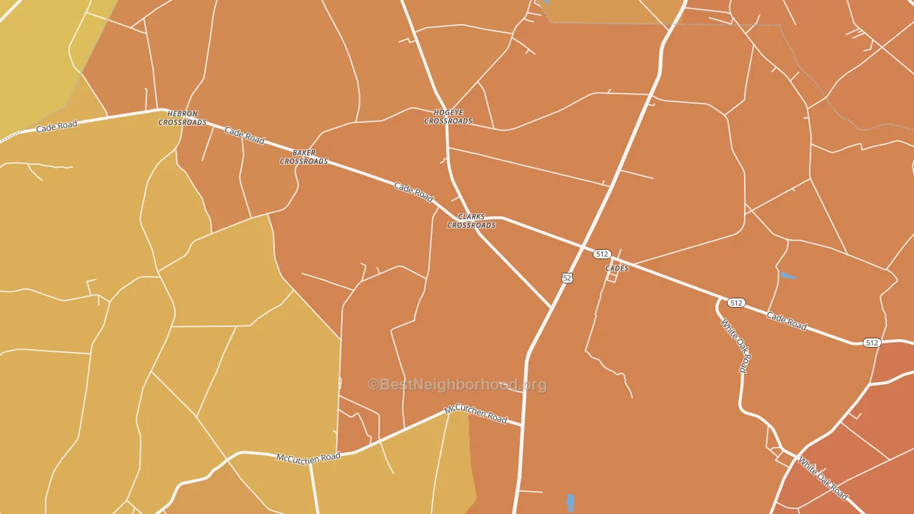 Map of the best neighborhoods in the Cades area, with better matches in green and worse matches in red