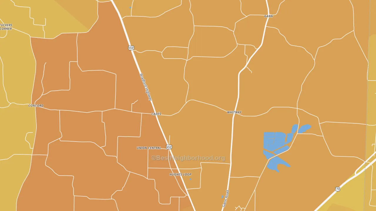 Map of the best neighborhoods in the Cades area, with better matches in green and worse matches in red