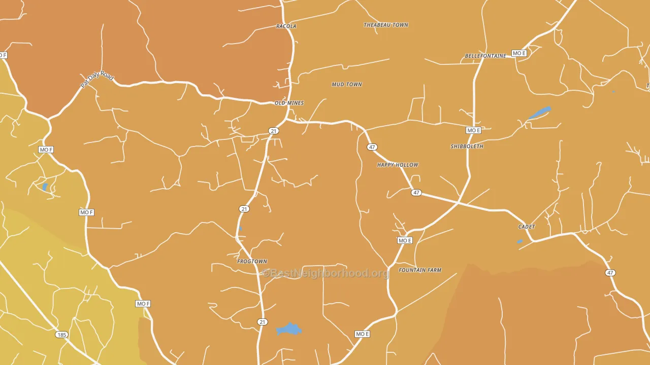 Map of the best neighborhoods in the Cadet area, with better matches in green and worse matches in red