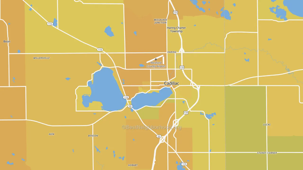 Map of the best neighborhoods in the Cadillac area, with better matches in green and worse matches in red
