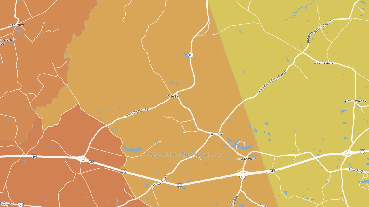 Map of the best neighborhoods in the Cadley area, with better matches in green and worse matches in red