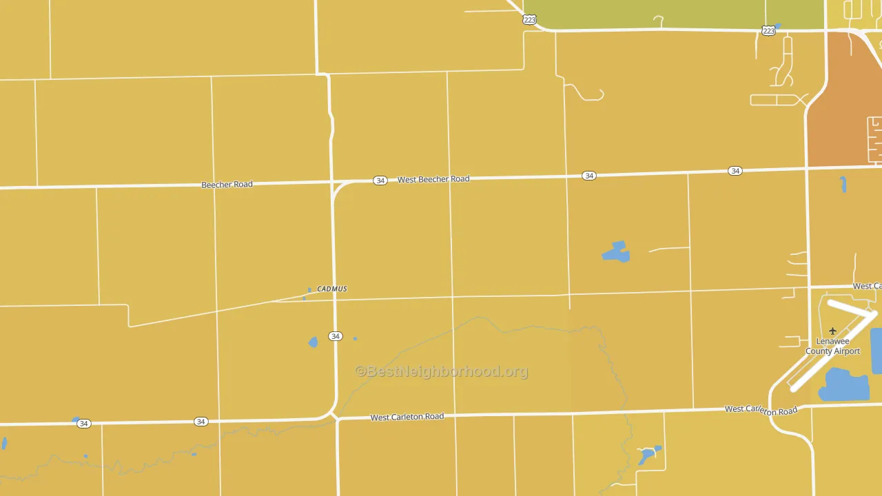 Map of the best neighborhoods in the Cadmus area, with better matches in green and worse matches in red