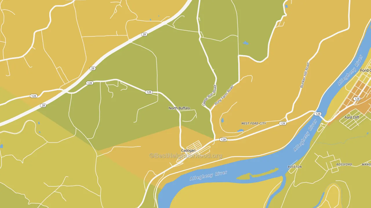 Map of the best neighborhoods in the Cadogan area, with better matches in green and worse matches in red