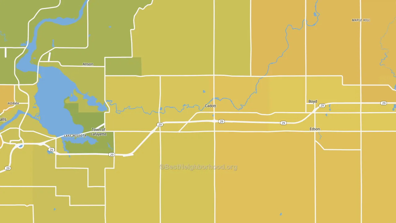 Map of the best neighborhoods in the Cadott area, with better matches in green and worse matches in red