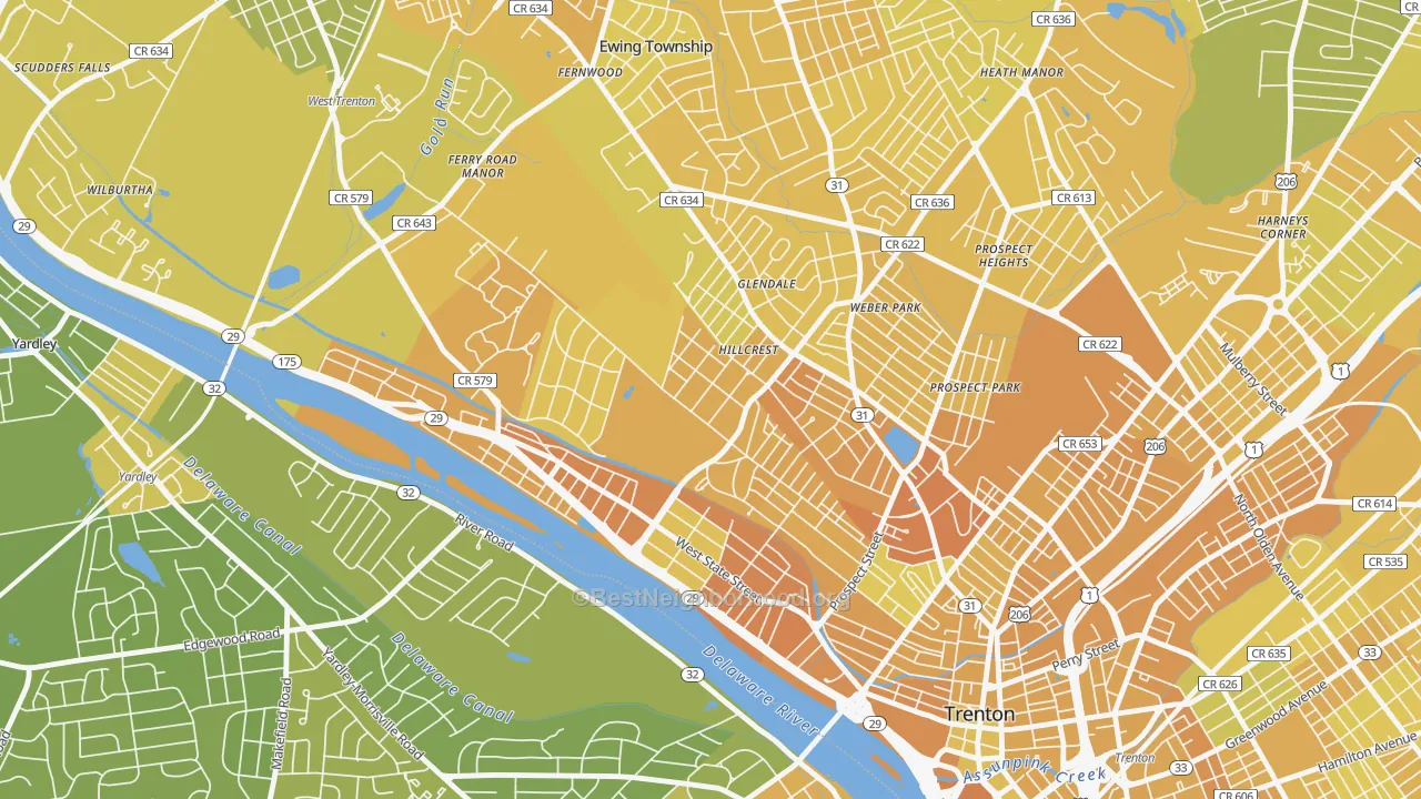 Map of the best neighborhoods in the Cadwalader-Hillcrest, Trenton area, with better matches in green and worse matches in red
