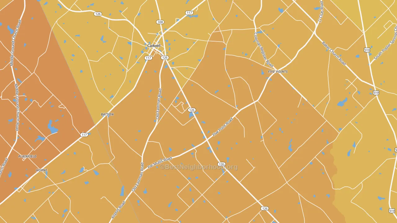 Map of the best neighborhoods in the Cadwell area, with better matches in green and worse matches in red