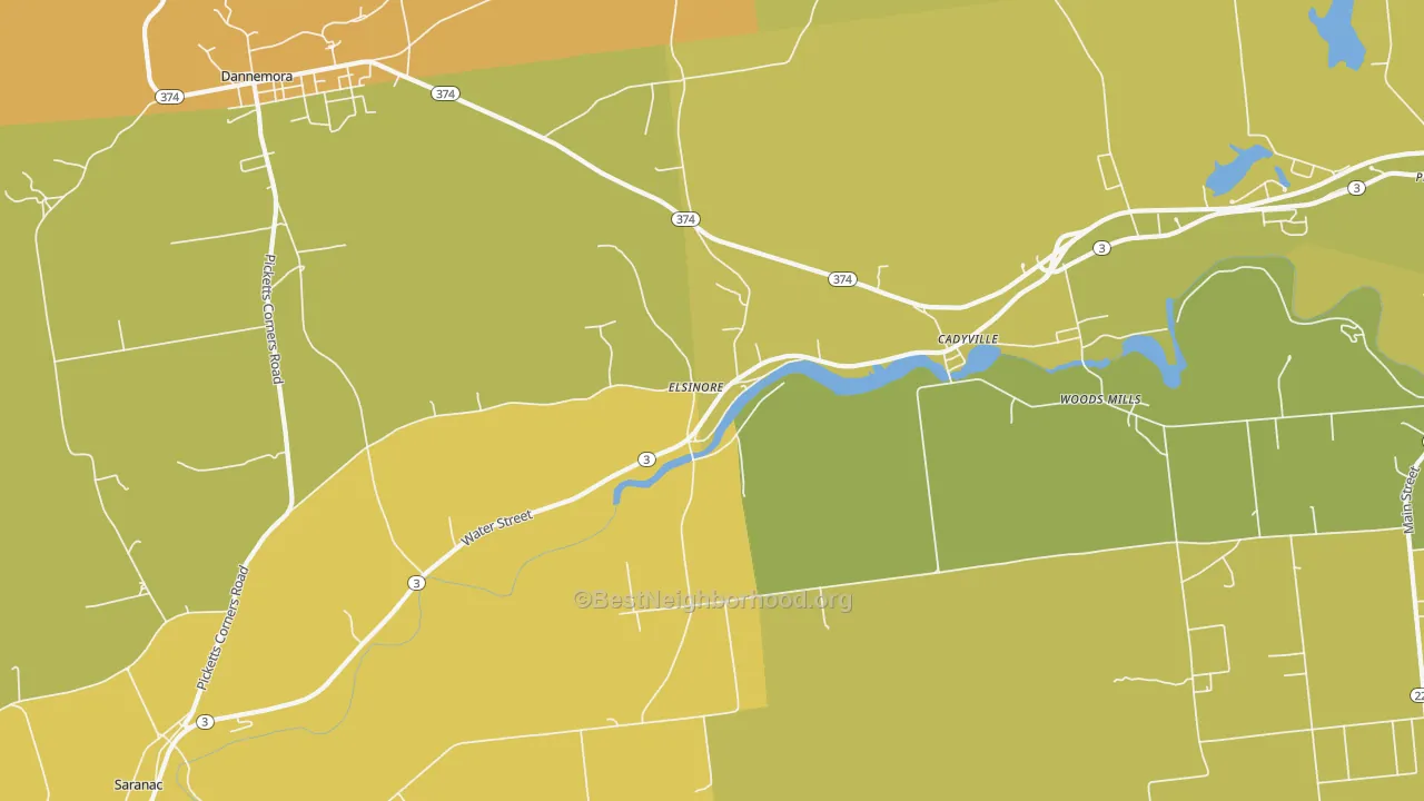 Map of the best neighborhoods in the Cadyville area, with better matches in green and worse matches in red