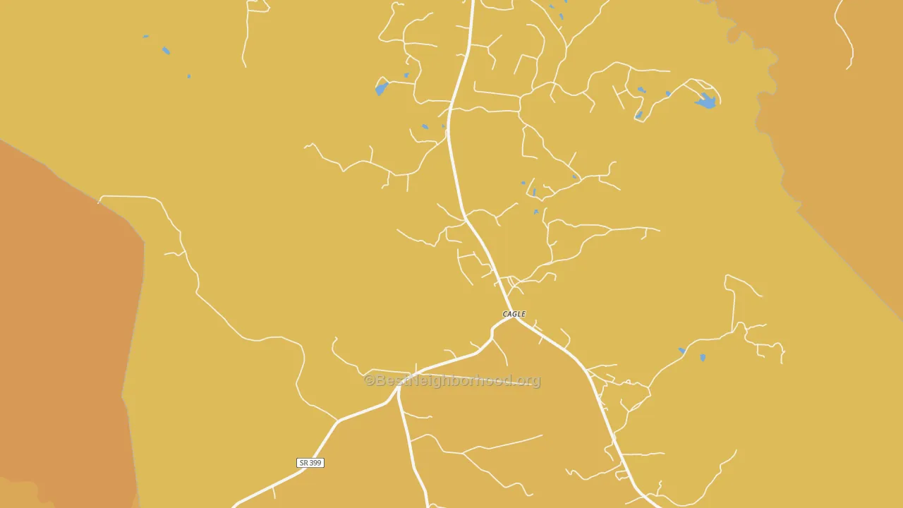 Map of the best neighborhoods in the Cagle area, with better matches in green and worse matches in red