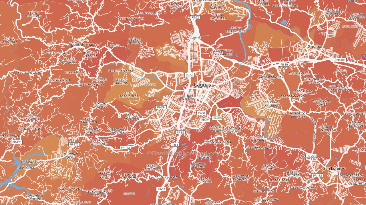 Map of the best neighborhoods in the Caguas Municipio area, with better matches in green and worse matches in red