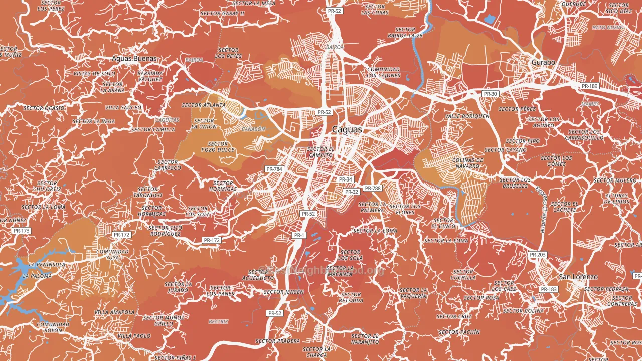 Map of the best neighborhoods in the Caguas area, with better matches in green and worse matches in red