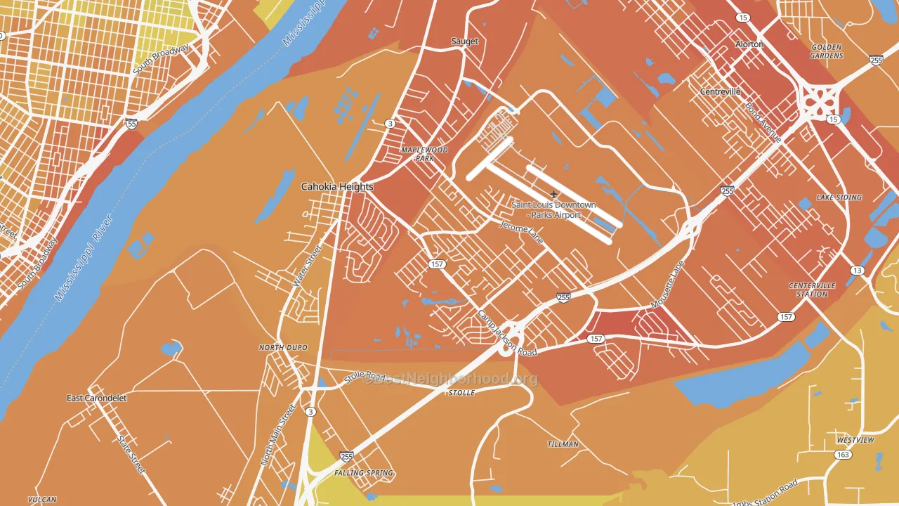 Map of the best neighborhoods in the Cahokia area, with better matches in green and worse matches in red