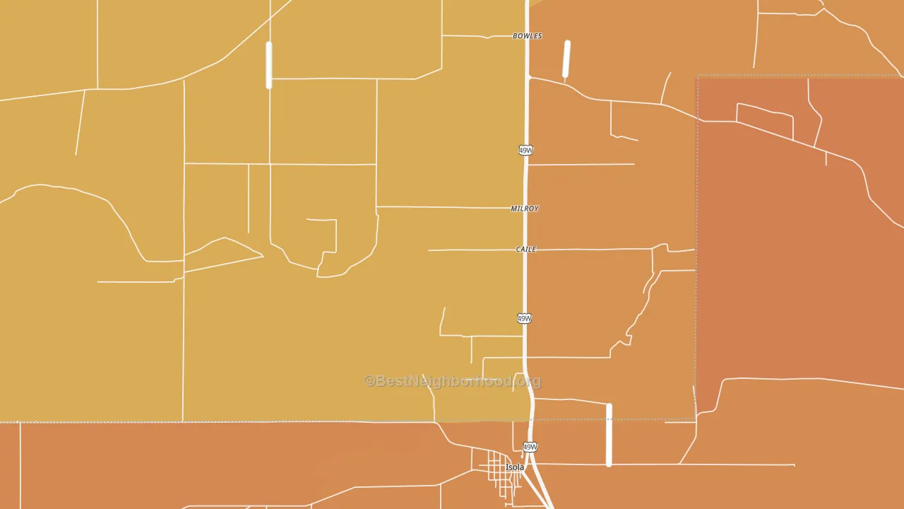 Map of the best neighborhoods in the Caile area, with better matches in green and worse matches in red
