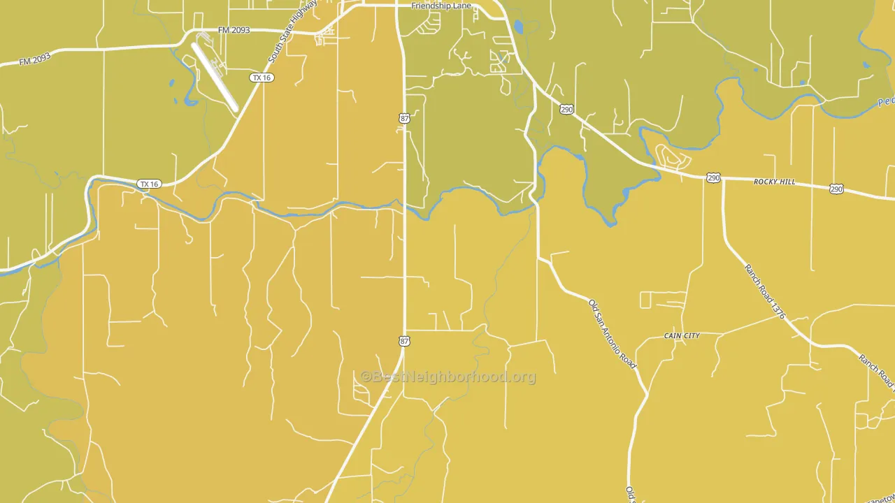 Map of the best neighborhoods in the Cain City area, with better matches in green and worse matches in red