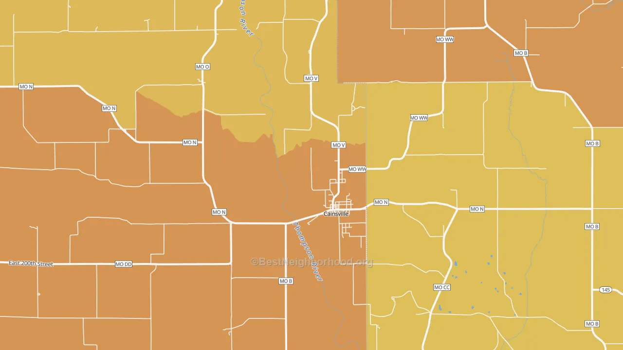 Map of the best neighborhoods in the Cainsville area, with better matches in green and worse matches in red