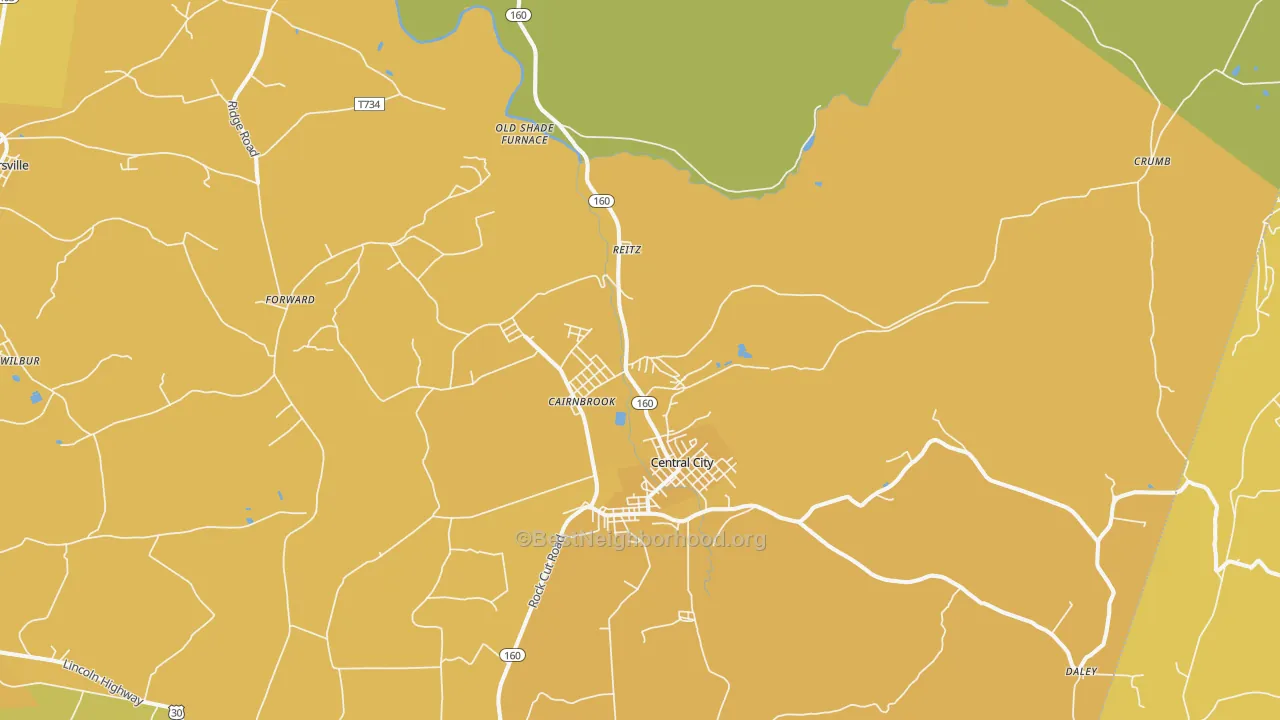 Map of the best neighborhoods in the Cairnbrook area, with better matches in green and worse matches in red
