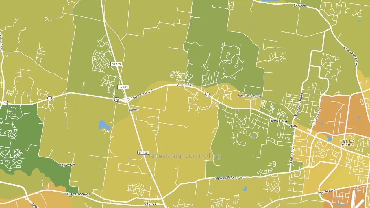 Map of the best neighborhoods in the Cairo Bend area, with better matches in green and worse matches in red