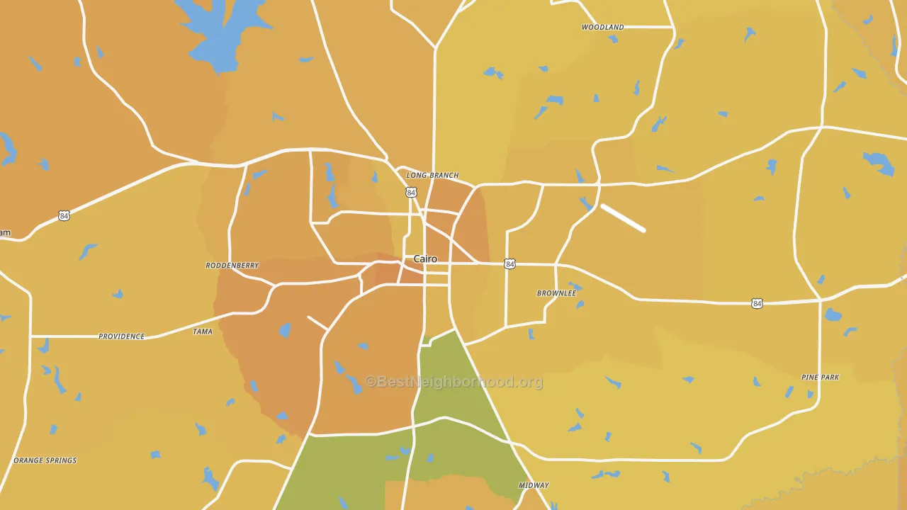 Map of the best neighborhoods in the Cairo area, with better matches in green and worse matches in red
