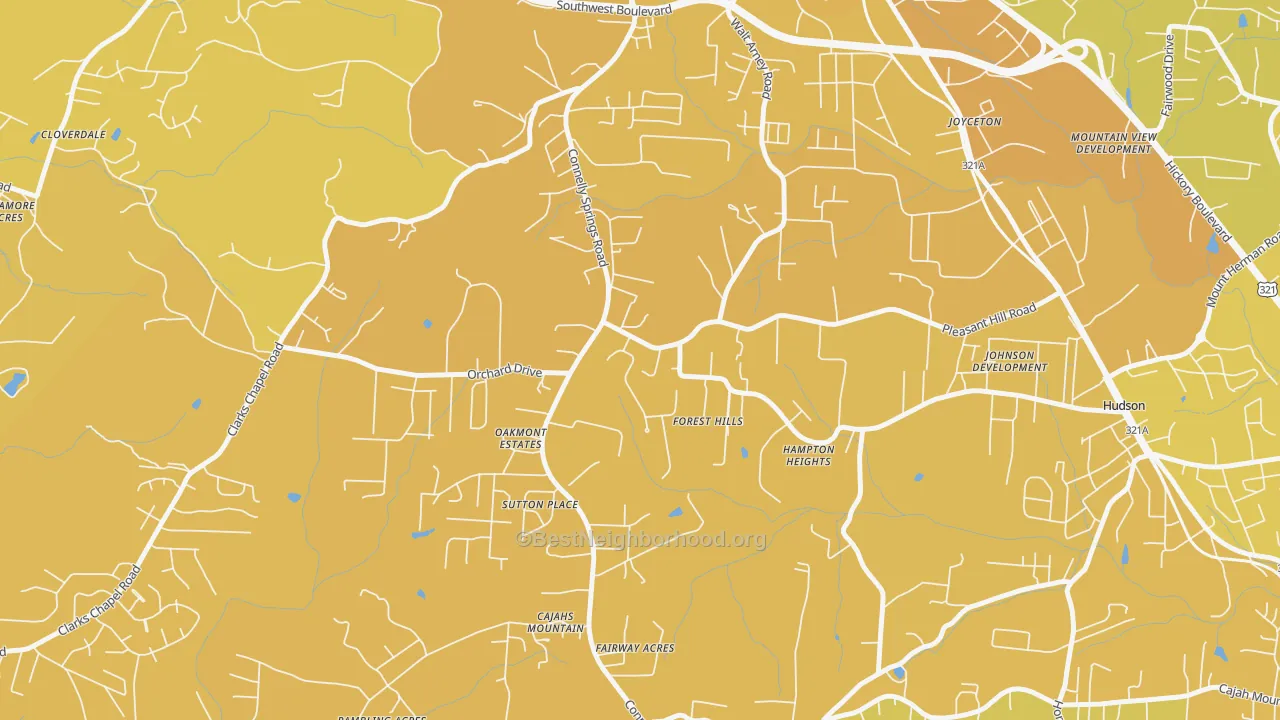 Map of the best neighborhoods in the Cajahs Mountain area, with better matches in green and worse matches in red