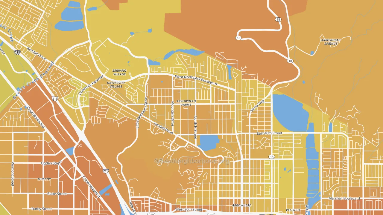 Map of the best neighborhoods in the Cajon, San Bernardino area, with better matches in green and worse matches in red