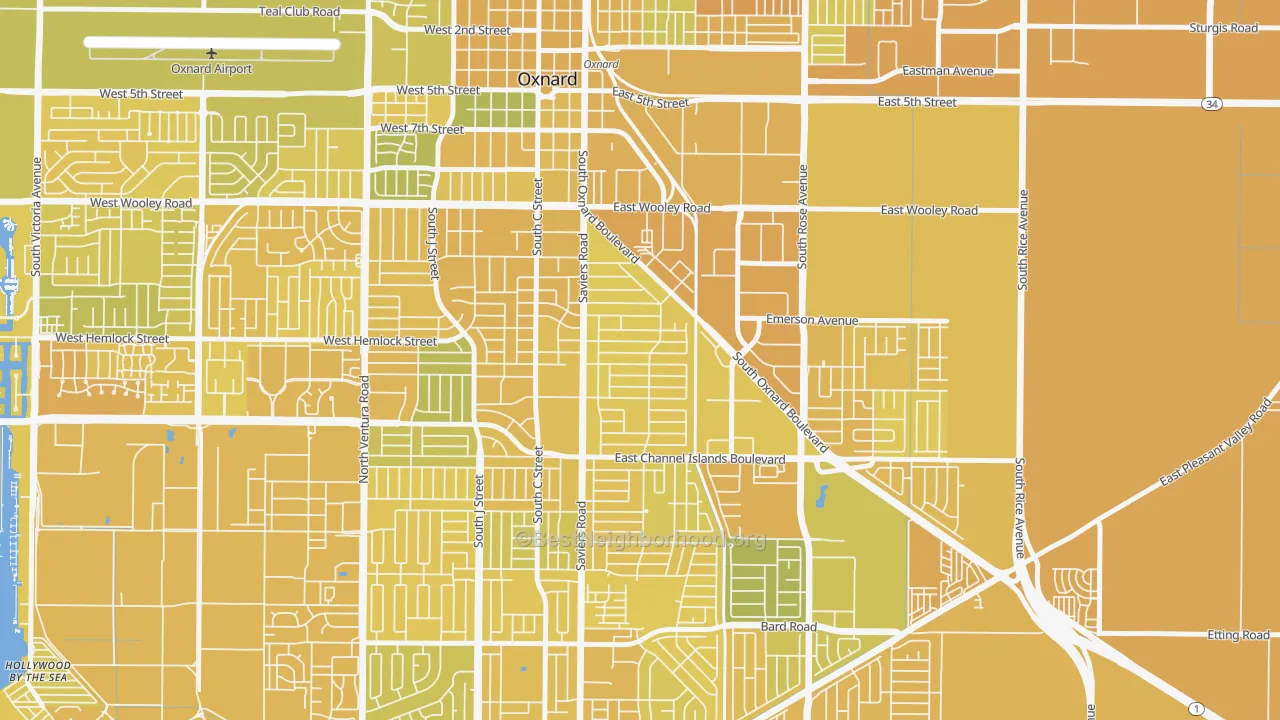 Map of the best neighborhoods in the Cal-Gisler, Oxnard area, with better matches in green and worse matches in red