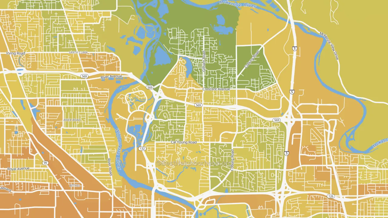 Map of the best neighborhoods in the Cal Young, Eugene area, with better matches in green and worse matches in red