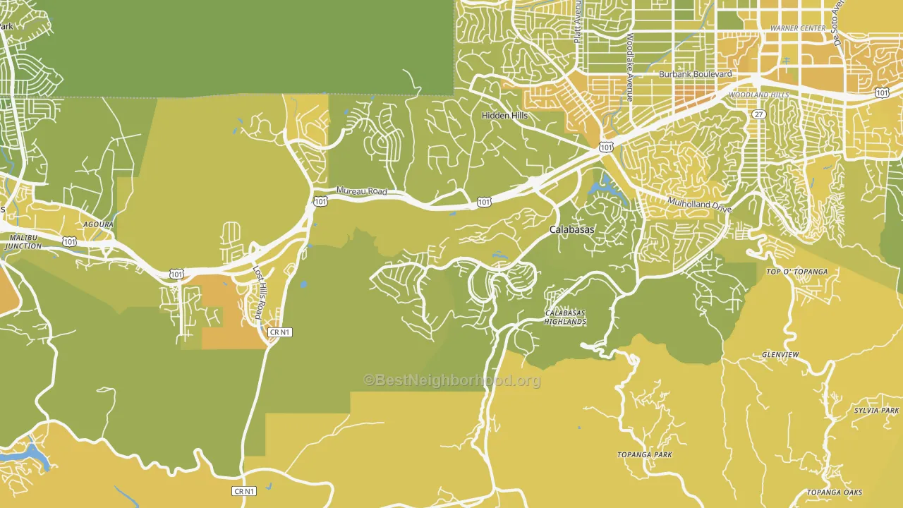 Map of the best neighborhoods in the Calabasas area, with better matches in green and worse matches in red