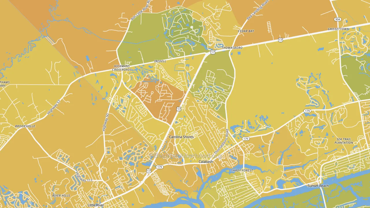 Map of the best neighborhoods in the Calabash area, with better matches in green and worse matches in red
