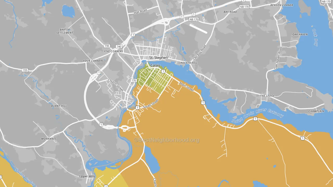 Map of the best neighborhoods in the Calais area, with better matches in green and worse matches in red