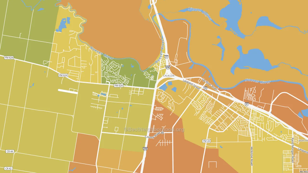 Map of the best neighborhoods in the Calallen, Corpus Christi area, with better matches in green and worse matches in red