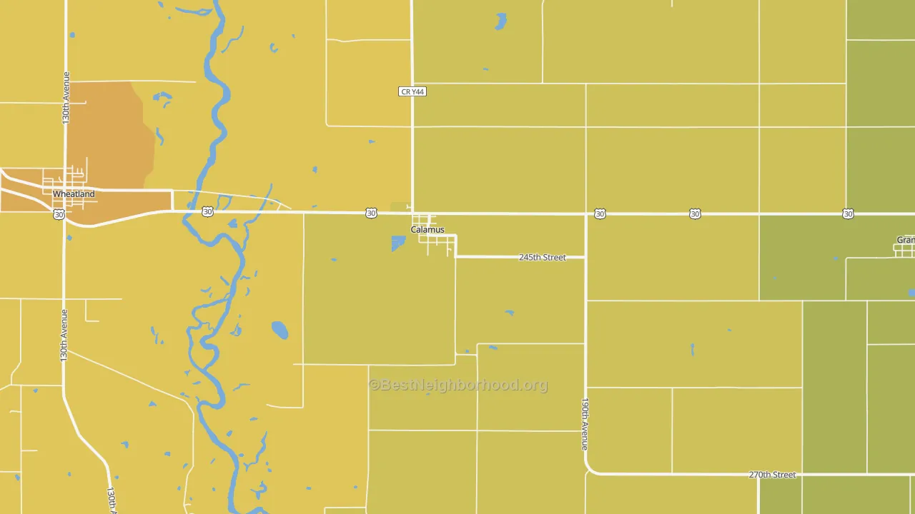 Map of the best neighborhoods in the Calamus area, with better matches in green and worse matches in red
