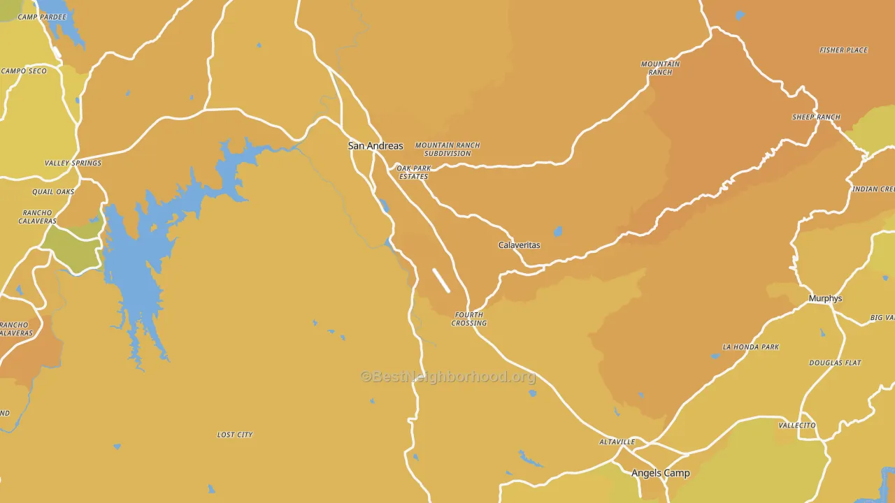 Map of the best neighborhoods in the Calaveras County area, with better matches in green and worse matches in red