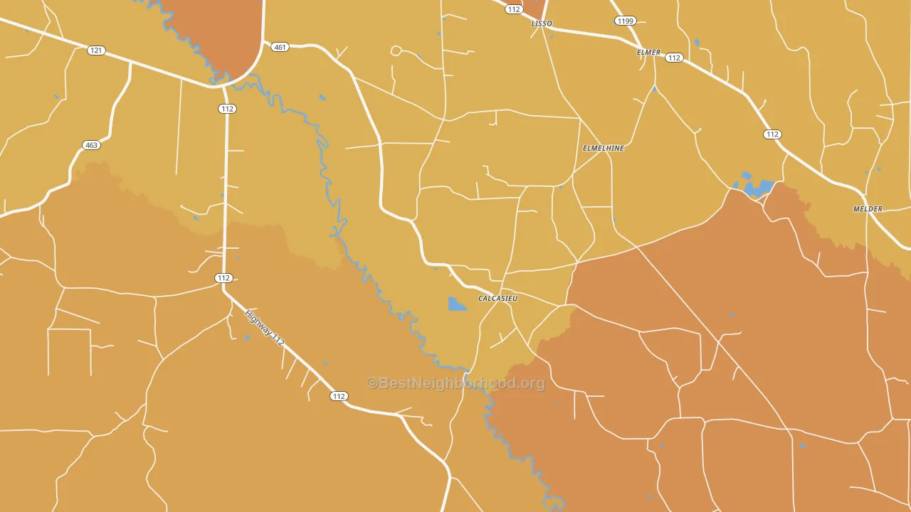 Map of the best neighborhoods in the Calcasieu area, with better matches in green and worse matches in red