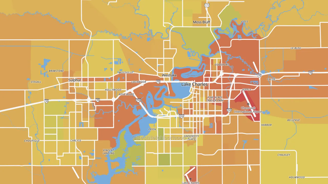 Map of the best neighborhoods in the Calcasieu Parish area, with better matches in green and worse matches in red