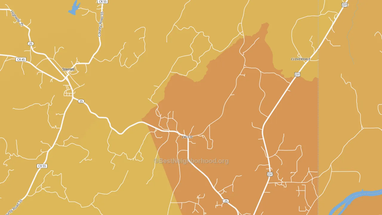 Map of the best neighborhoods in the Calcis area, with better matches in green and worse matches in red