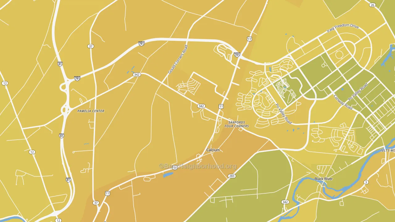 Map of the best neighborhoods in the Calcium area, with better matches in green and worse matches in red