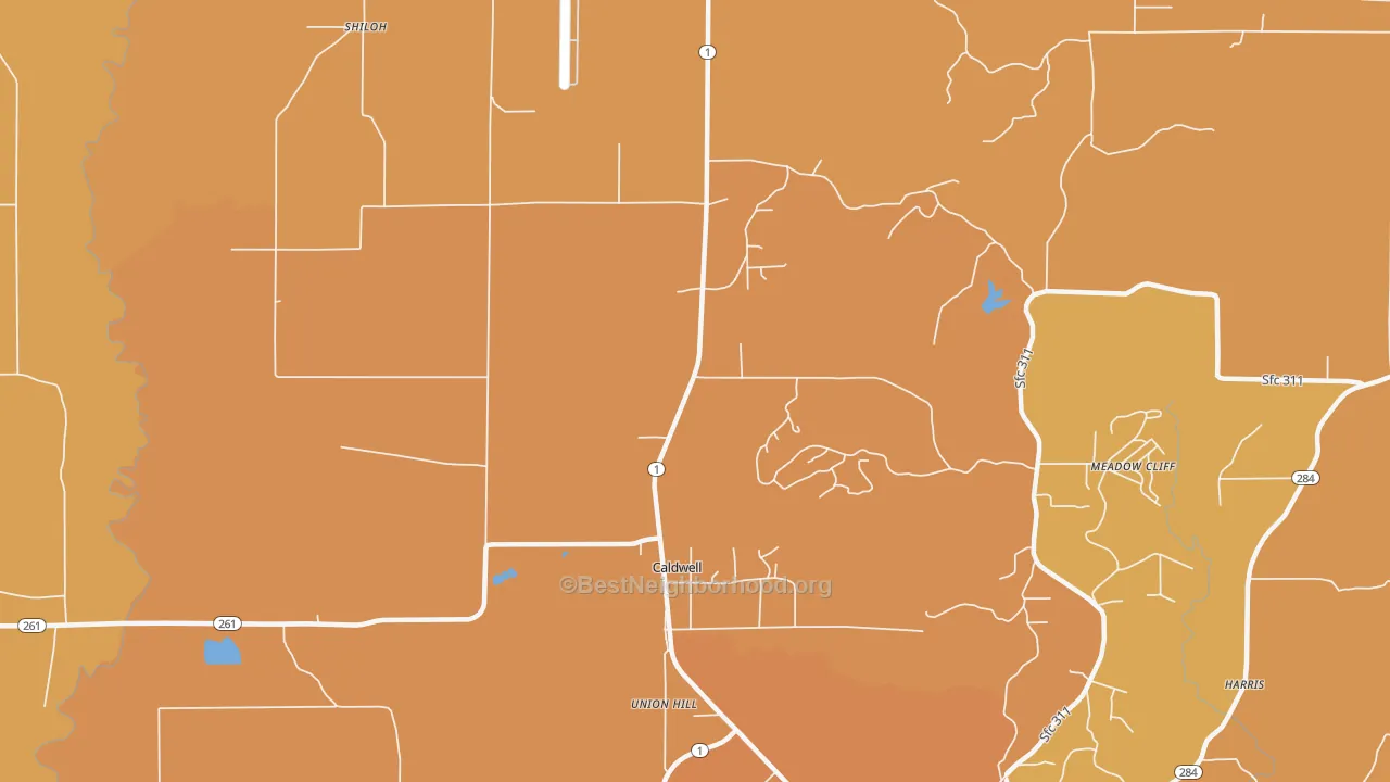 Map of the best neighborhoods in the Caldwell area, with better matches in green and worse matches in red