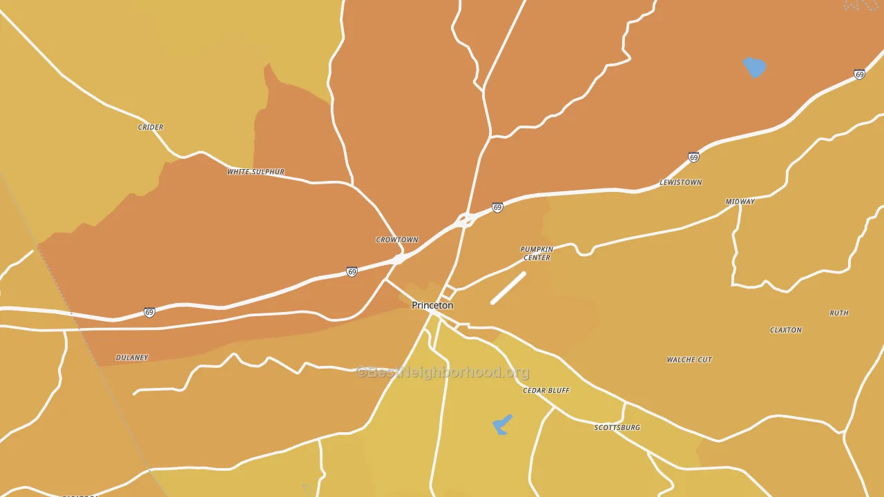 Map of the best neighborhoods in the Caldwell County area, with better matches in green and worse matches in red